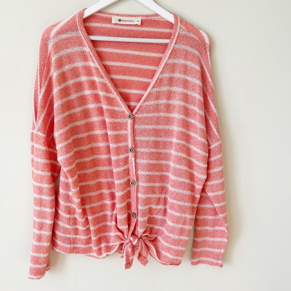 Anthropologie Impeccable Pig Tie Front Cardigan Size M Pink Stripe Knit Sweater - Picture 1 of 6